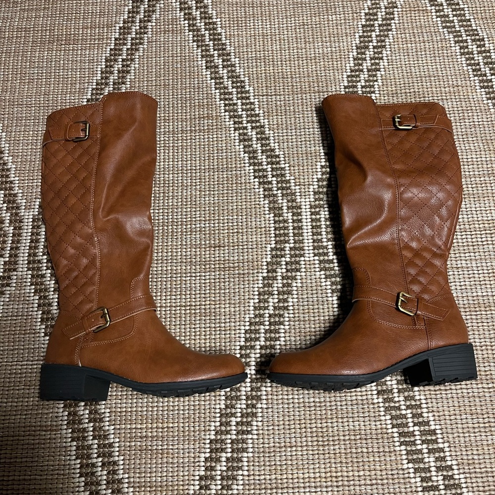 B Darlin Brown Heeled Boots with Quilted Pattern and Buckle Details